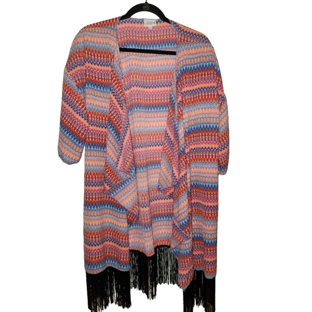 LuLaRoe Duster Cardigan Large Bohemian Fringe Knit Blue Coral Open Front‎